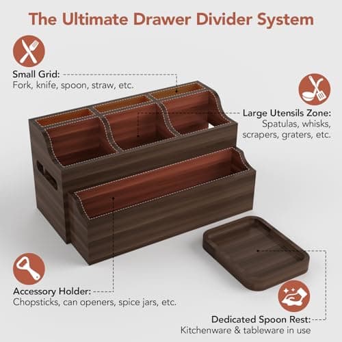 DIOLOVE 2-in-1 Large Wooden Utensil Holder for Kitchen Counter - Modular Stackable Cooking Utensil Organizer with Diatomite Absorbent Mat & Spoon Rest - Wall Mount Spatula Caddy & Silverware Storage - Thumbnail 2