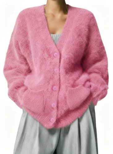 Women's Fuzzy Cardigan V Neck Long Sleeve Button Down Slouchy Furry Sweaters Chunky Knit Mohair Sweater Coat(Pink-L) - Image 1