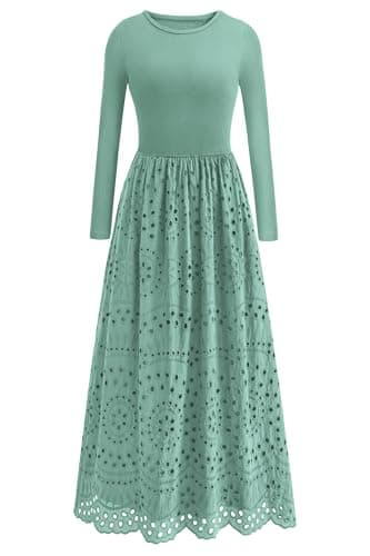 dowerme Women Spring Dresses 2026 Casual Long Sleeve Crewneck A-Line Boho Eyelet Cotton Maxi Wedding Guest Dress Pockets(Light Green,XX-Large) - Image 1