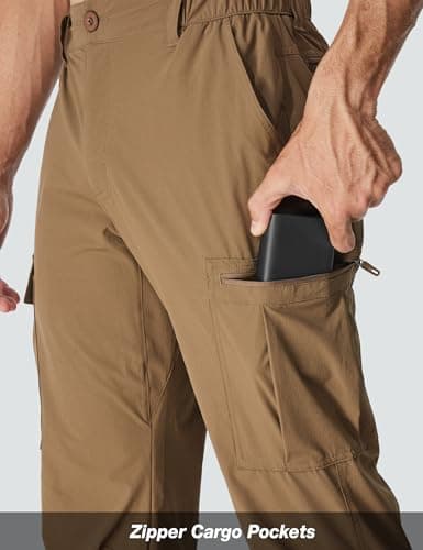 MOURCE Mens Hiking Pants Lightweight Quick Dry - Waterproof Elastic Waist Cargo Pants for Men with Pockets, Dark Khaki - Thumbnail 6