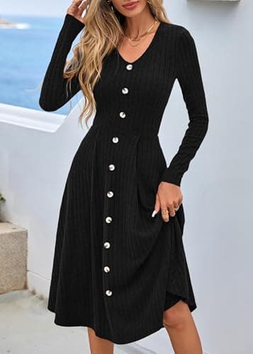 Lazysmile Long Sleeve Fall Winter Dresses for Women V Neck Button Down A Line Swing Casual Knit Sweater Dress Black - Thumbnail 4