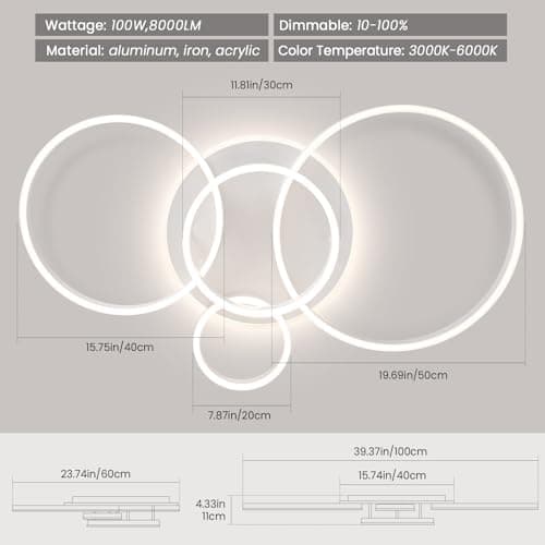 Modern LED Ceiling Light White Flush Mount Ceiling Light Dimmable Dining Room Light Fixtures with Remote 5 Rings Acrylic Kitchen Lighting Fixtures Ceiling Lamp for Living Room Bedroom (White, 5 Rings) - Thumbnail 6