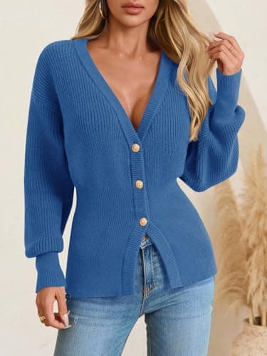 Saodimallsu Womens Cardigan Sweaters Open Front 2025 Chunky Button Down V Neck Sweater Winter Knit Ribbed Outwear Navy - Thumbnail 2