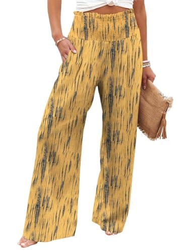 GEMLON Womens Wide Leg Pants High Waisted Palazzo Pants Summer Flowy Lounge Boho Pants with Pockets Yellow Print M - Image 1