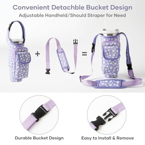 Carrier Bag with Phone&Flap Pockets for Stanley 40/30oz Tumbler with Handle, Insulated Neoprene Cup Holder Carrier Bag w/Shoulder & Handheld Strap Fits Stanley Cup Accessories (Purple Daisy, 40oz) - Thumbnail 4