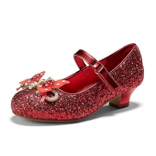 PATPAT Girls Dress Shoes Size 11 Little Kid, Red Glitter Shoes with Butterfly Hair Clips, Sequins Rhinestones Bowknot Princess Low Heels Mary Jane Footwear Heels for Girls Dress Up - Image 1