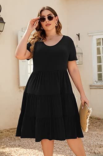 Younrui Plus Size Casual Black Dresses for Women Short Sleeve Scoop Neck Ruffle Babydoll Dress Boho Midi Sundress (3XL-1001-Black) - Thumbnail 3