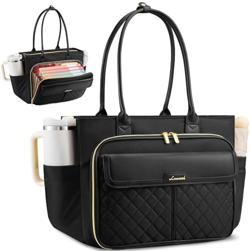 LOVEVOOK 15.6 Inch Teacher Tote Bag for Women Work with Accordion File Area, Laptop Work Tote Bag with Laptop Compartment, nurse Handbag Bags with Large Capacity & Cup Holder, black - Image 1