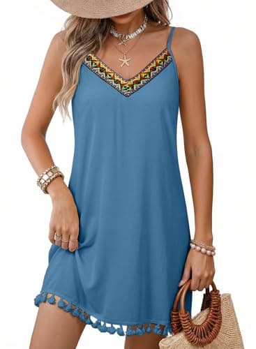 Dokotoo Summer Sun Dress 2026 Boho Tassel v Neck Embroidered Sun Dresses Casual Spaghetti Straps Mini Beach Dresses for Women Beach Vacation Clothes Cruise Vacation Outfits Blue L - Image 1