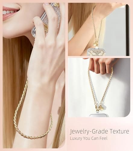 ROCONTRIP Metal Phone Lanyard with Gold Chain Detachable Phone Chain Wristlet with 2 Tether Tabs Universal iPhone Wrist Strap Premium Metal Buckles,Non-Rust,Unbreak iPhone Wristlet For Travel Shopping - Thumbnail 6