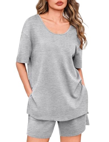 Totatuit Matching Sets for Women Summer 2 Piece Outfits Oversized Tee and Bermuda Shorts Lounge Set Comfy Sleepwear for Travel and Daily Wear Grey Large - Image 1