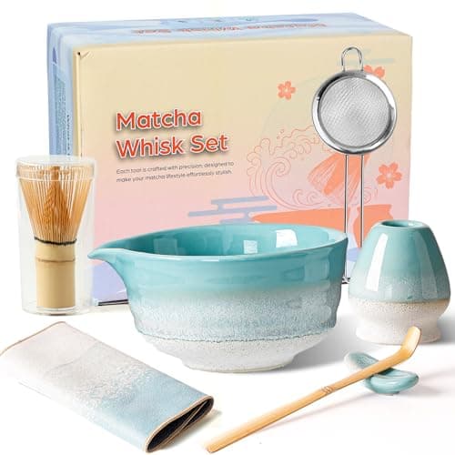 GBBG Matcha Whisk Set, Ceramic Matcha Kit Desert Style, Matcha Whisk and Bowl, Bamboo Scoop and Rest, Sifter and Tea Towel, 7 Pcs Gifts for Matcha Lover - Mint Green