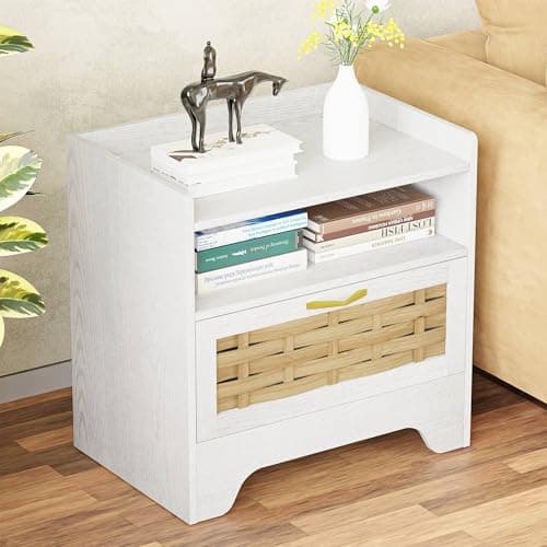 HOCAT 24" Rattan Nightstand, Boho Night Stand with Open Storage, White Bedside Table with Drawer, Bed Side End Table Dresser for Bedroom, Living Room, Hallway - Thumbnail 6