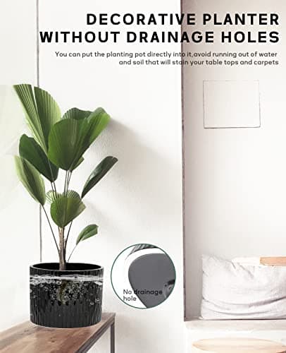 LaDoVita Ceramic Plant Pot with Stand, 10 Inch Planter with Wood Shelf, Modern Round Flower Pots Indoor with Wood Planter Holder, Black Water Ripple Pattern - Thumbnail 5