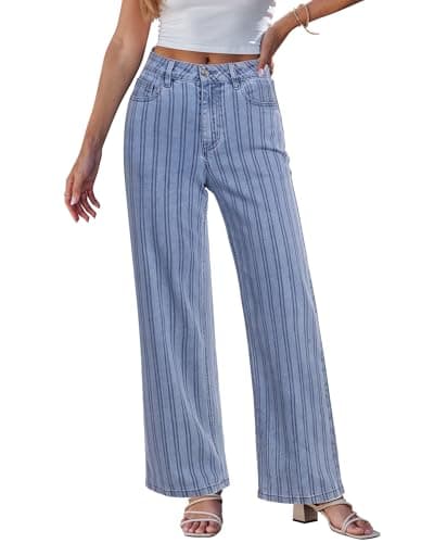 GRAPENT Striped Pants Women Wide Leg Wide Leg Womens Jeans High Waisted Jeans Concert Outfits for Women Womens Casual Pants Trendy for 2025 Women's Plus Size Bay Blue XX-Large Size 20 to 22 - Image 1