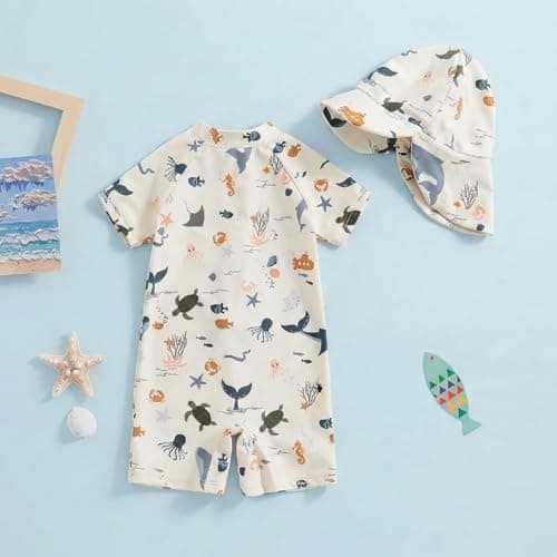 WYTbaby Baby Rash Guard Swimsuit Boy Girl with Sun Hat Infant Short Sleeve One Piece Zipper Sunsuit Toddler Quick Dry Swimwear 3-6 Months Beige - Thumbnail 5