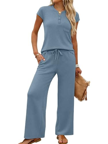 Casly Lamiit Womens Sets 2 Piece Outfits Matching Lounge Vacation Travel Set Spring Casual Cap Sleeve Tops Leisure Drawstring Crop Pants Blue Grey 2XL - Image 1