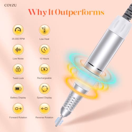 Professional Nail Drill Electric File:COYZU 35000RPM Portable Cordless Nail Drill Machine with Bits, Rechargeable E File for Acrylic & Gel Nails, Manicure & Pedicure Tech Tool for Home Salon, White - Thumbnail 2