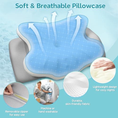 ZeroZillo Cervical Neck Pillow for Sleeping, Ergonomic Memory Foam Pillow for Neck Pain Relief, Dual Height Contour Support for Side and Back Sleepers, Cooling Breathable Pillowcase, White & Grey - Thumbnail 4