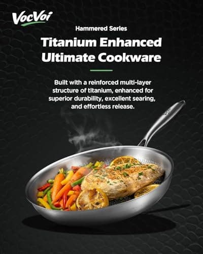 VocVoi Titanium pans for cooking Non Stick with lid,10"+12" Uncoated Hammered titanium pro frying pan, PFAS Free Cookware, Butter warmer skillet, Induction & Oven-Safe - Thumbnail 3