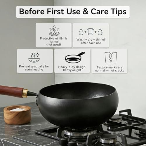 WANGYUANJI 9.5" Carbon Steel Wok - [Heavy-Duty & Thickened Base] - Deep Bowl Stir Fry Pan for Induction, Electric & Gas - Warp-Resistant, Splatter-Free Design with Lid (1-2 Person) - Thumbnail 2