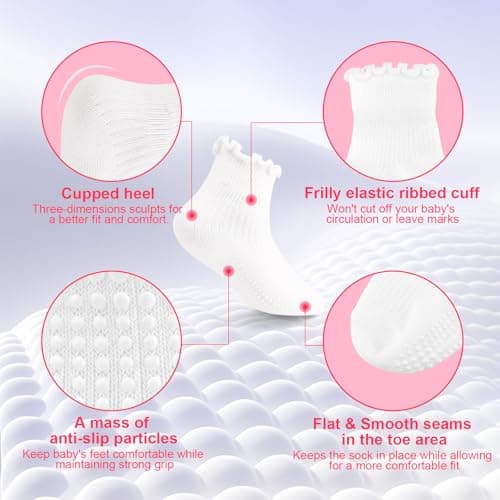 Henland-Jump 6 Pairs Toddler Ruffle Socks for Girls - Baby Grip Socks with Non-Slip, Cute Grippy Frilly Design - Thumbnail 5