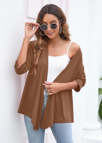 Heymoments Cardigan for Women Deep Coffee Medium Draped Open-Front 3/4 Sleeve Lightweight Casual Soft Drape Summer Fall Kimonos Cardigans - Thumbnail 2