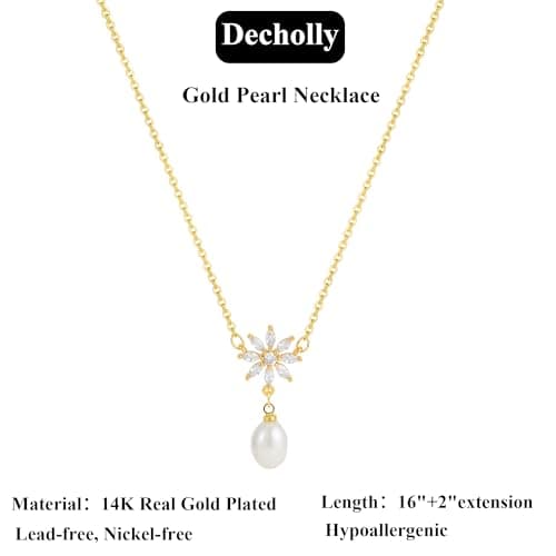 Decholly Gold Pearl Necklaces for Women Trendy, 14K Gold Plated Dainty Necklace Simple Pearl Necklaces for Women Trendy Wedding Birthday Jewelry - Thumbnail 6
