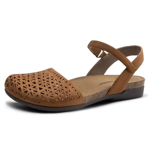 Athlefit Women's Closed Toe Sandals Comfort Cork Footbed Arch Support Flat Sandals Tan Hollow Size 7 - Image 1