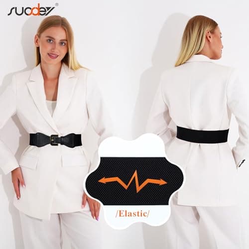 SUOSDEY Wide Waist Belt for Women Dresses Elastic Chunky Belt with Gold Buckle Fashion Thick Stretchy Ladies Belt - Thumbnail 3