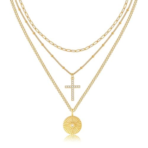 Gold Layered Necklace for Women - 3Pcs 18K Gold Plated Cross Necklaces, Stainless Steel Stackable Necklace Cuban Link Paperclip Chain Trendy Jewelry, Herringbone Choker Christmas Birthday Gift for Her - Image 1