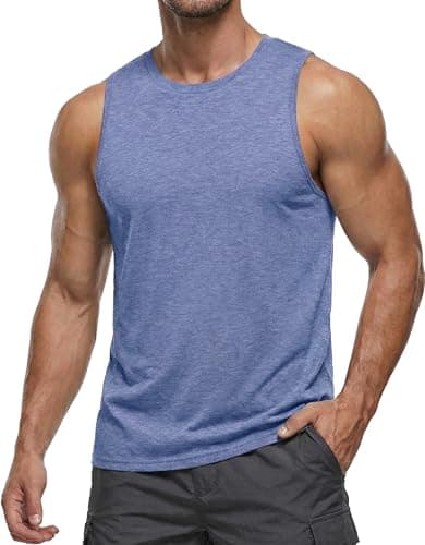 PINSPARK Men's Tank Top Cotton Muscle Workout Gym Shirts Moisture Wicking Lightweight Summer Beach Swim Casual Sleeveless Shirts 2XL Blue - Image 1