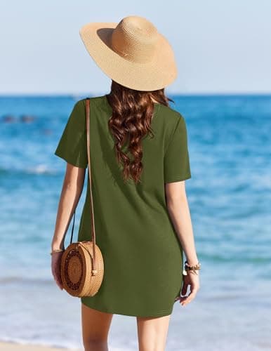 Ekouaer Swimsuit Coverup for Women 2026 Short Sleeve Bathing Suit Cover Ups Beach Summer T-Shirt Dresses with Pockets Army Green XL - Thumbnail 3