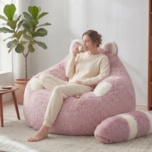 EBENCHICO Giant Bean Bag Chair for Adults Teens, Raccoon Shaped Faux Fur Bean Bag Sofa with Filler, Plush Beanbag Couch with Tail Pillow for Gaming, Reading, Bedroom, Dorm