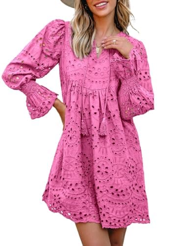 Dokotoo Womens Dresses 2026 Cotton Long Sleeve Tassel V Neck Short Hot Pink Dress A Line Hollow Out Lace Ruffle Cute Dress Elegant Casual Beach Party Dresses Small - Image 1