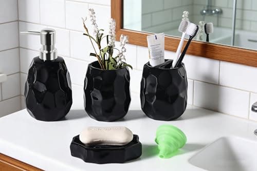 Ceramic Bathroom Accessories Set 4 PCS,Bathroom Toothbrush Holder Set,Soap and Toothbrush Holder Set,Include Toothbrush Holder,Soap Dispenser,Soap Dish,Tumbler,Bathroom Sets Decor Organizer (Black) - Thumbnail 6