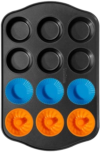 Ymiton Nonstick Muffin Pan with 12 Silicone Baking Cups, Carbon Steel Muffin Tin for Muffins, Cupcakes, Egg Bites and more, Non Toxic, Easy to Clean, Dishwasher Safe, Foggy Gray