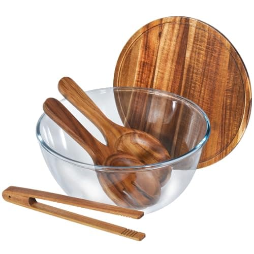 Anyvape Glass Salad Bowl Set, 4.8QT with Acacia Wood Lid & Utensils