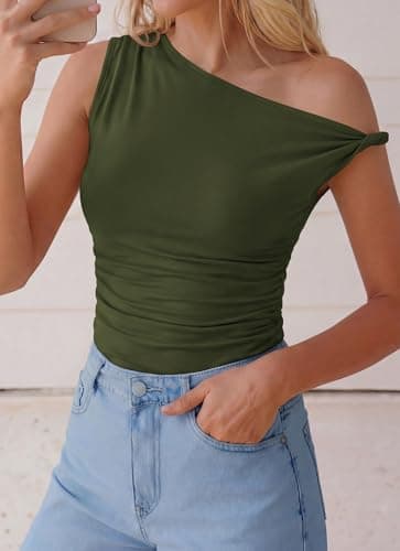 BTFBM Off The Shoulder Tops for Women 2026 Cute Summer Casual Sleeveless Slim Fit y2k Spring Outfits Going Out Tank Top(Army Green, Large) - Thumbnail 6