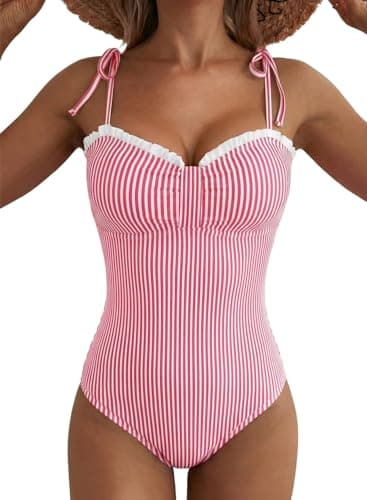 Herseas Women's One Piece Bathing Suits High Cut Removable Pad 2026 Summer Slimming Cute Striped Chic Sweetheart Neck Ruffled Trim Beach Outfits for Teens Red Stripe Small - Image 1