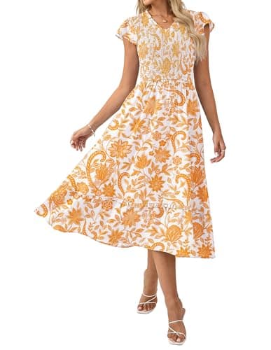 GRACE KARIN Casual Summer Dress for Women 2026 V-Neck Short Sleeve Smocked Midi Dress Yellow Floral S - Image 1