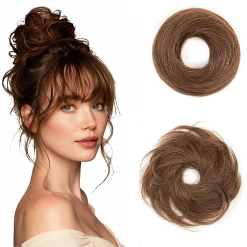mosorvea Human Hair Bun Hairpiece #04 Medium Brown 100% Real Human Hair Messy Bun Updo Scrunchies Tousled Updo Chignons Stretchy Fluffy Wavy Stretchy Donut - Image 1