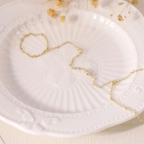 BAYLAY Hand Chain, Ring Bracelet Hand Chain 14K Gold Plated CZ Finger Ring Slave Bracelets Dainty Gold Bracelet for Women Zircon Hands Jewelry for Women Summer Essentials Boho Beach Gifts Trendy Stuff - Thumbnail 5