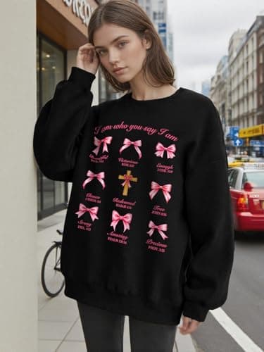 Ladicme Christian Sweatshirts for Women Oversize Pink Bow Graphic Pullover Top Casual Loose Fit Tops I Am Who You Say I Am shirt - Thumbnail 4