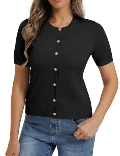 Black Short Sleeve Cardigan Sweater Plus Size Lightweight Sweater Tops Button Up Summer Cardigan (Black, 2XL) - Thumbnail 4