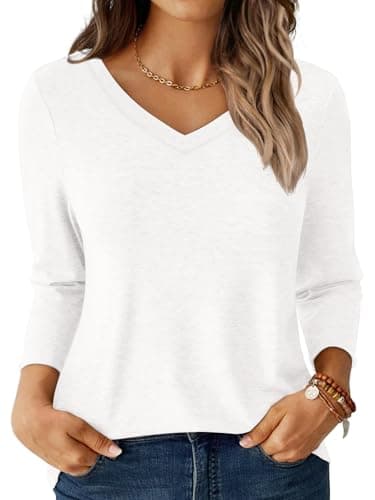 GKBK Womens Tops 3/4 Sleeve Shirts V Neck Casual Blouses Basic Loose Fit Pullover Tshirts White L - Image 1