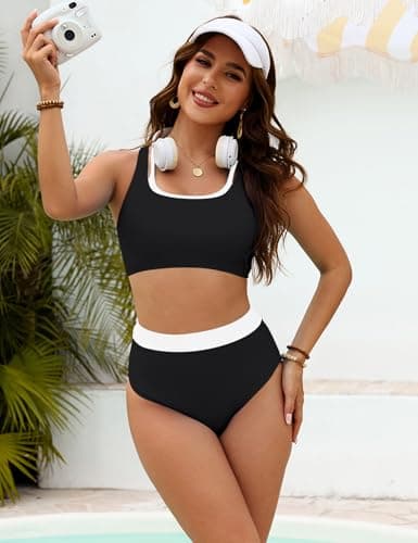 CiCiBird Women's High Waisted Bikini Set Sporty Color Block Bathing Suits Tummy Control Two Piece Swimsuits Black Small - Thumbnail 4