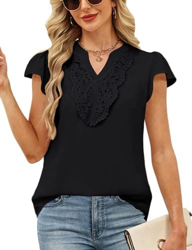 CiCiBird Women's V Neck Blouse Short Ruffle Sleeve Shirts Dressy Casual Lace Tops for Work Black Large - Image 1