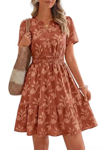 PRETTYGARDEN Short Sleeve V Neck Floral Plus Size Dresses for Curvy Women High Waist Summer Casual Short Dress with Pockets (Rust Red, XX-Large) - Image 1