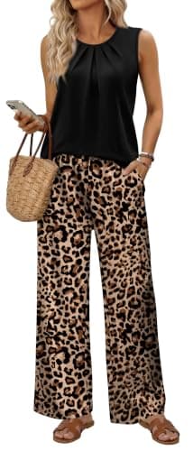 WIHOLL 2 Piece Sets for Women Vacation Summer Outfits Beach Vacation Clothes Lounge Sets Casual Fashion Airport Travel Matching Set Clothing Wide Leg Pants Set 2026 Pajamas L - Thumbnail 2